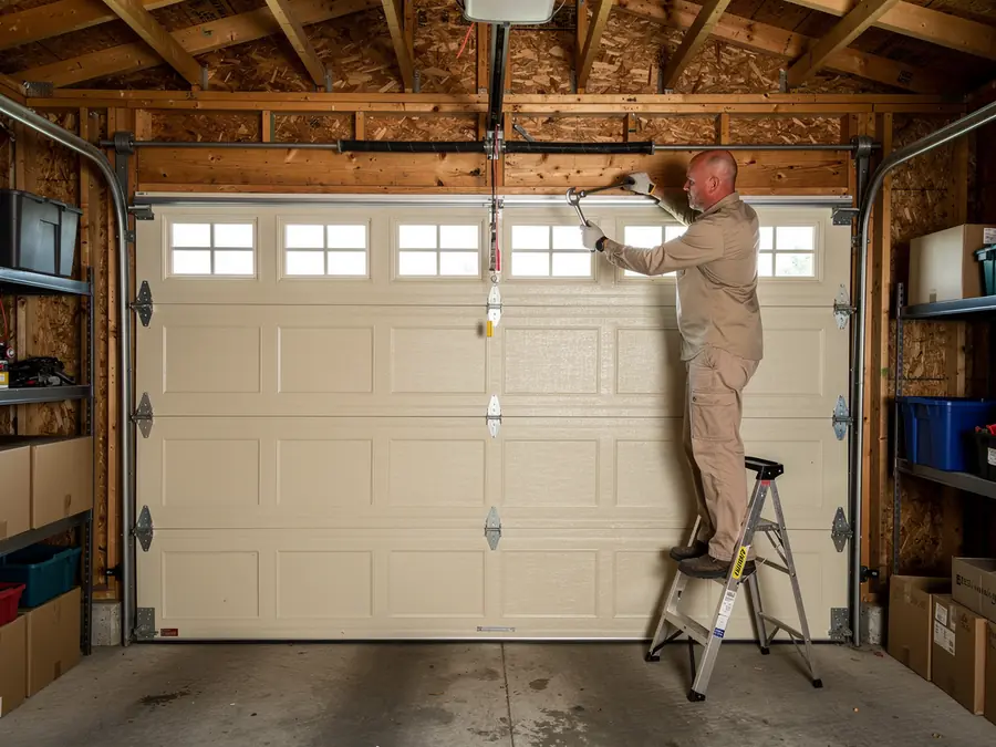 A technician on a ladder works on the torsion spring above a beige garage door.