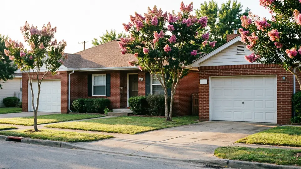 Two houses with white garage doors and pink flowering trees line a street.