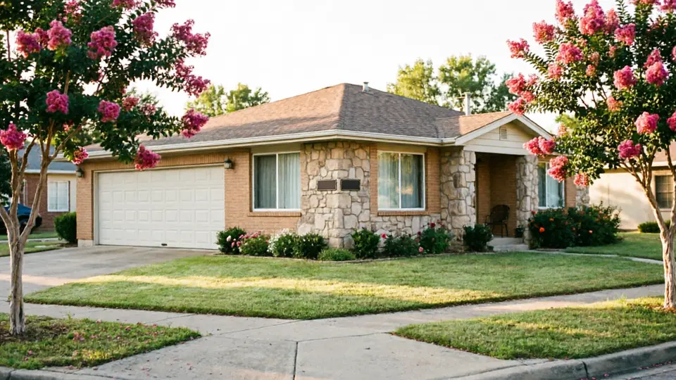 A house with a white garage door, brick and stone exterior, and pink flowering trees.