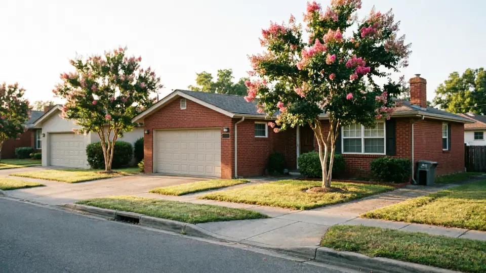 A red brick house with a beige garage door and a blooming tree in the front yard.