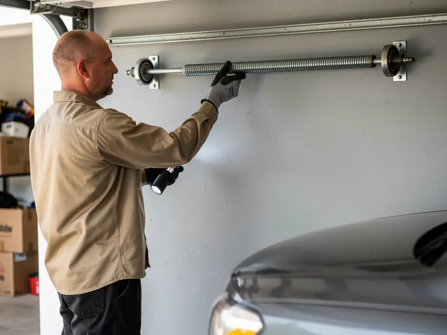 A technician inspects a garage door torsion spring with a flashlight.