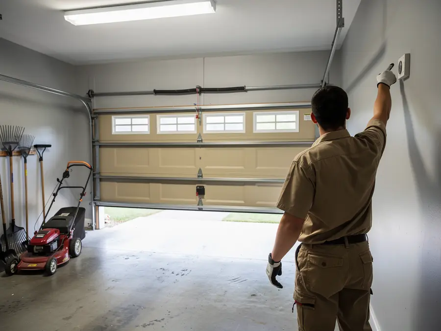 A technician in a tan uniform adjusts a white control panel on a gray wall.