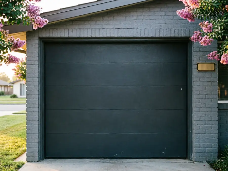 The dark gray garage door is set in a gray brick house with pink flowers.