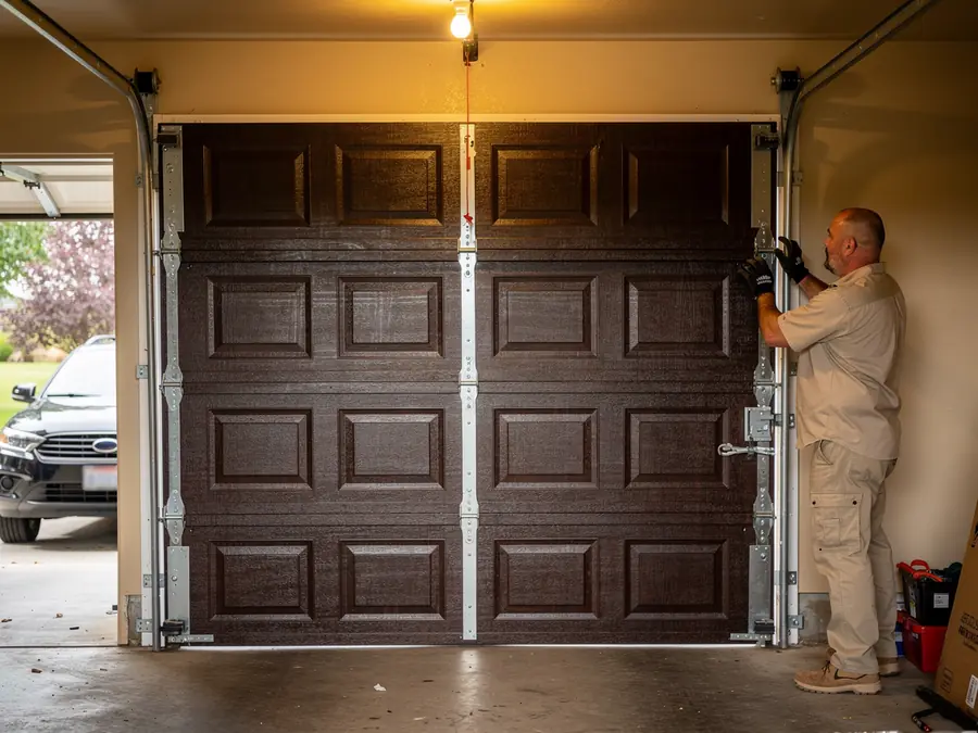 A technician adjusts a brown garage door with a car visible outside.