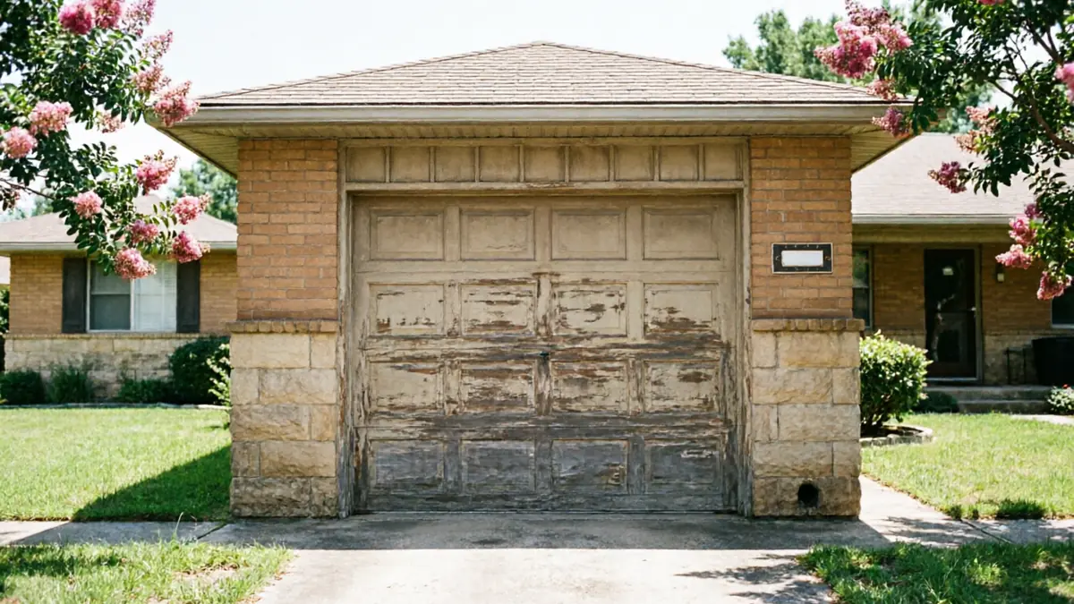 The garage door is peeling paint, with brick and stone on the garage exterior.