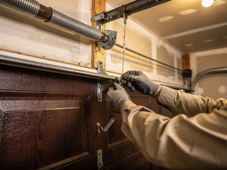 A technician adjusts a garage door spring and cable above a brown garage door.