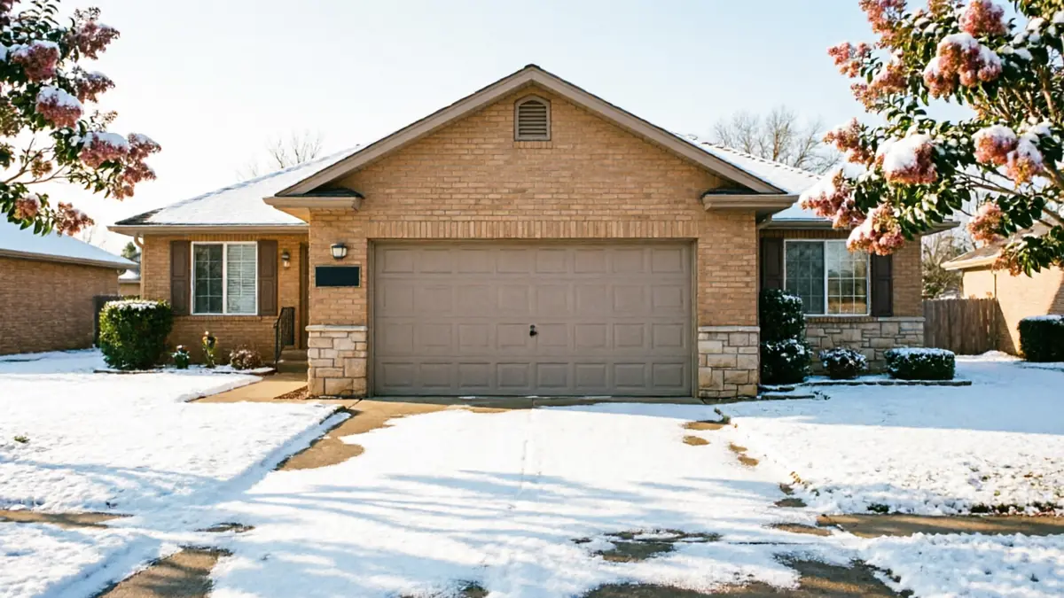 A house with a brown garage door and snow on the ground.